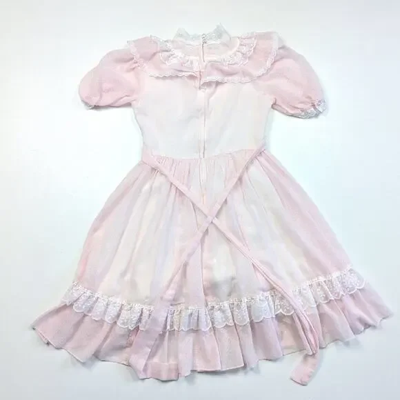 Vintage Jeunes Filles Gunne Sax Dress Girls Size 7-8 Pink Polka Dot Semi Sheer - Picture 3 of 9